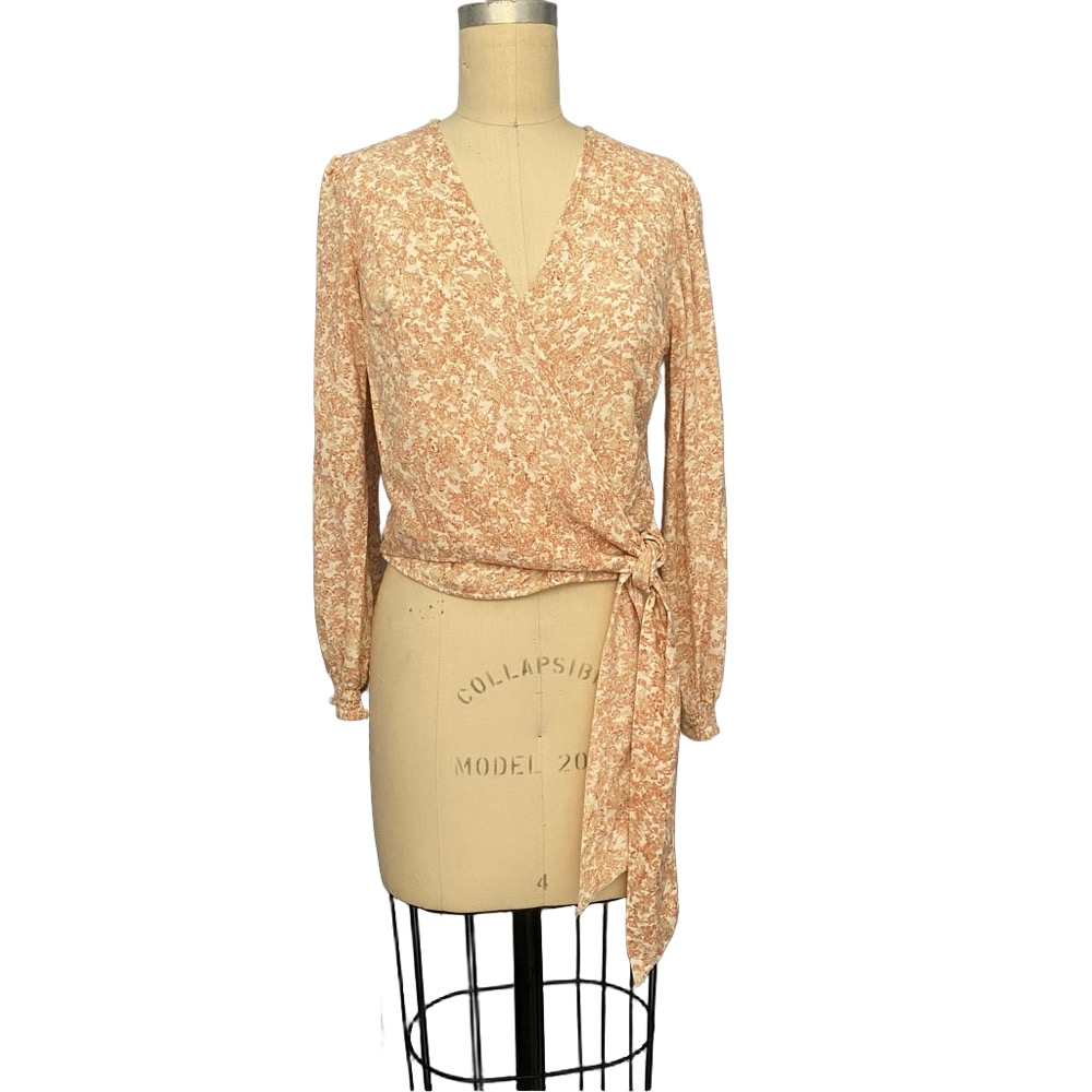 Japna Peach & White Floral Cropped Wrap Blouse Side Tie Boho Top Medium